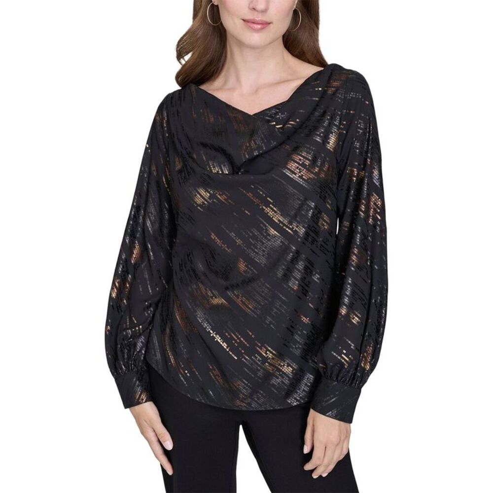 Halston Womens Printed Boat Neck Top, Black
